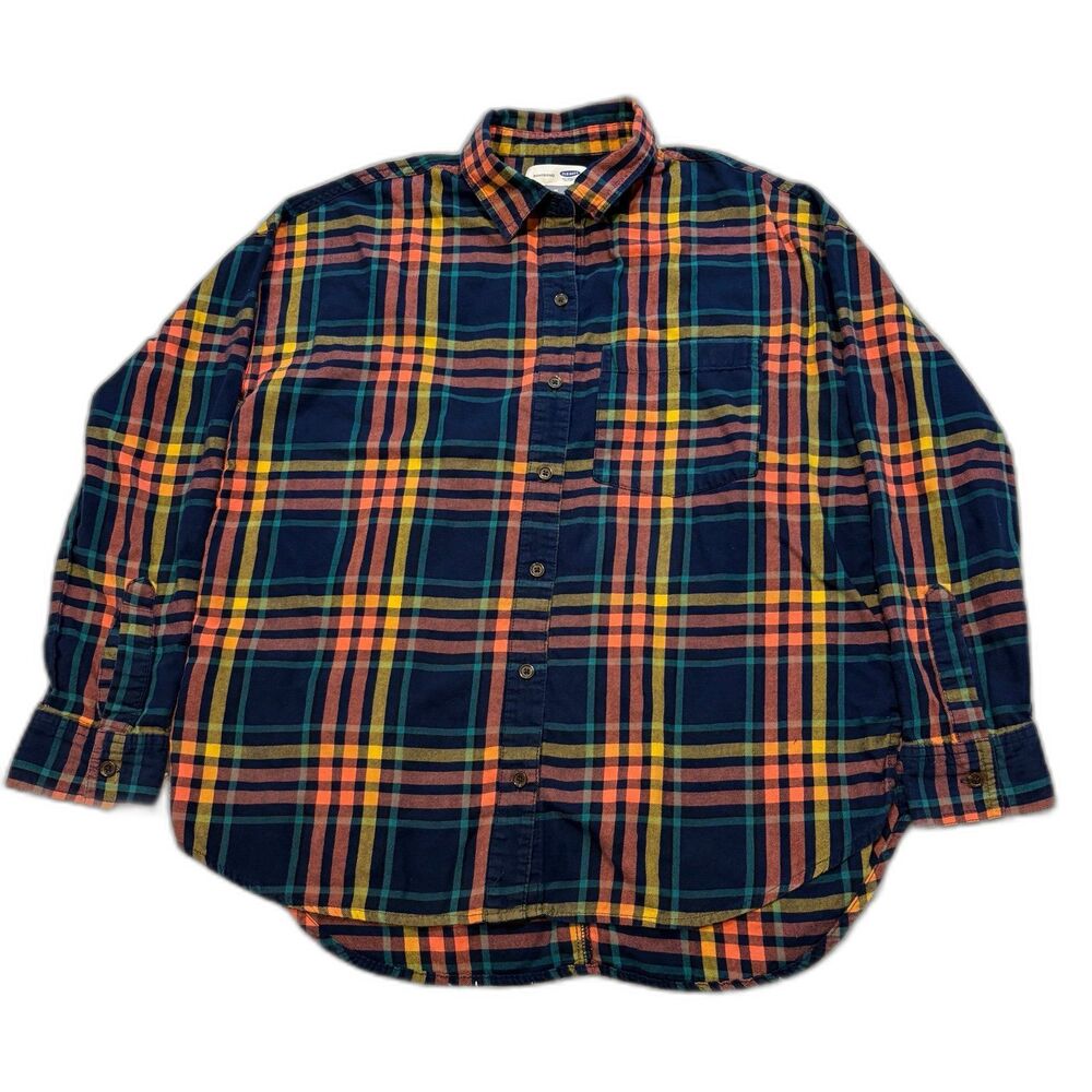 Old Navy Rainbow Plaid Boyfriend Flannel Shirt Women M Tall Multicolor Button Up